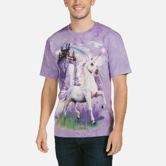 Unicorn Castle Purple Fantasy Rainbow Adult T-Shirt Mountain Horses Animal S-3X - Picture 2 of 7